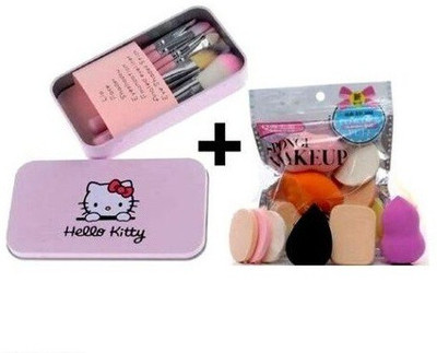 Mixonshun Makeup Hello kitty brush set of 7 with Sponge puff blender Set of 6(Pack of 13)