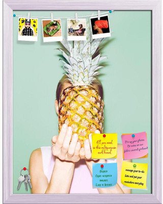Artzfolio Fashionable Stylish Girl Holding Pineapple Notice Pin Soft Board with Push Pins Cork Bulletin Board(White Frame 12 x 15.5 inch (30 x 39 cms))