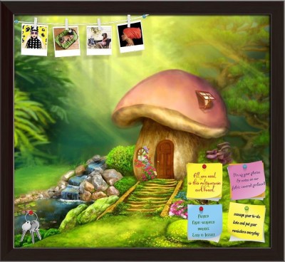 Artzfolio Fantasy Mushroom Cottage On A Colorful Meadow Notice Pin Soft Board Cork Bulletin Board(Dark Brown Frame 17.5 x 16 inch (44 x 41 cms))
