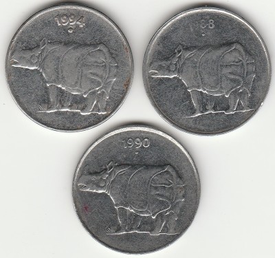 Sansuka 25 Steel Rhino Paisa India Demonetized 3 Steel coins collection (1988-2002) AD Modern Coin Collection(3 Coins)