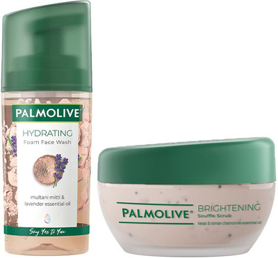 PALMOLIVE Hydrating Foam Face Wash (100ml) and Brightening Souffle Face Scrub (90ml) with 100% natural extracts (2 Items in the set)