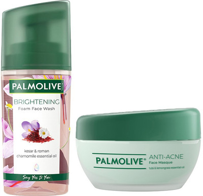 PALMOLIVE Brightening Foam Face Wash (100ml) and Anti-Acne Face Masque (100ml) with 100% natural extracts (2 Items in the set)