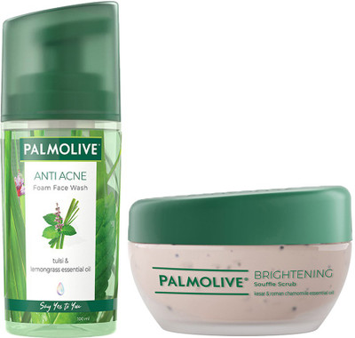 PALMOLIVE Anti-Acne Foam Face Wash (100ml) and Brightening Souffle Face Scrub (90ml) with 100% natural extracts (2 Items in the set)