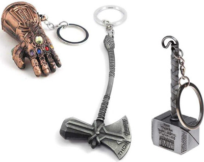 JAINSON MARTIN Combo of Thanos Hand Copper Thor silver Hammer And strombreaker Axe Key Chain