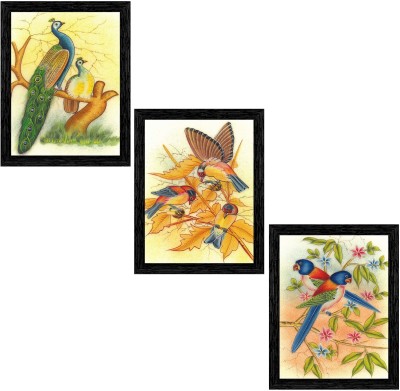 Indianara Set of 3 Birds Art Framed Art Painting (4220BK) without glass Digital Reprint 13 inch x 10.2 inch Painting(With Frame, Pack of 3)