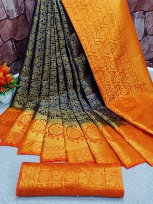 monoria Woven Banarasi Jacquard Saree(Dark Blue, Orange)