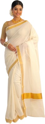 RAJ SAREE HOUSE Self Design Kasavu Cotton Blend Saree(White)