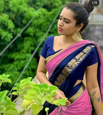 Radiant Cottex Woven Paithani Cotton Silk Saree(Blue, Pink)