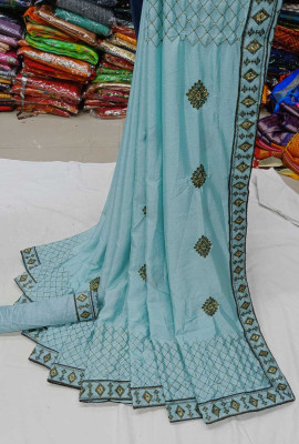 supalee tex Embroidered Paithani Cotton Silk Saree(Light Blue)