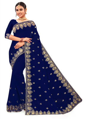 Om Shantam sarees Embroidered Bollywood Georgette Saree(Blue)
