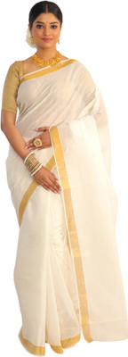 RAJ SAREE HOUSE Self Design Kasavu Cotton Blend Saree(Cream)
