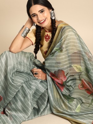 Kashmora Striped Bollywood Linen Saree(Grey)