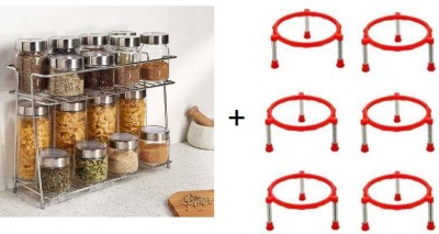 Homedmart Containers Kitchen Rack Plastic, Steel Presents Combo of Pot/Matka Stand(pack of 6) & Multipurpose Steel Spice