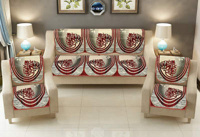Nendle Cotton 3+2 Seater Sofa Floral Cover(Pack of 6 Maroon)