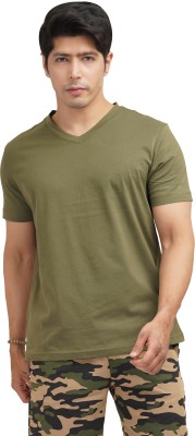 CARBON BASICS Solid Men V Neck Dark Green T-Shirt