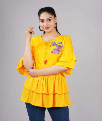 Ravi Collections Casual Embroidered Women Yellow Top