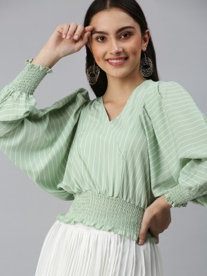 Showoff Casual Striped Women Green Top