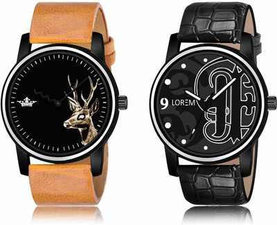 LOREM LR69-LR70 Set Of 2 Casual Round Synthetic Leather Analog Watch  - For Men