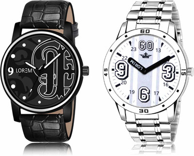 LOREM LR70-LR111 Set Of 2 Casual Round Synthetic Leather & Metal Analog Watch  - For Men