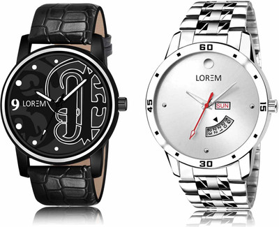 LOREM LR70-LR103 Set Of 2 Casual Round Synthetic Leather & Metal Analog Watch  - For Men