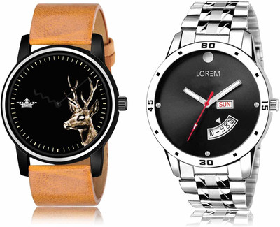 LOREM LR69-LR104 Set Of 2 Casual Round Synthetic Leather & Metal Analog Watch  - For Men