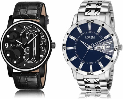 LOREM LR70-LR102 Set Of 2 Casual Round Synthetic Leather & Metal Analog Watch  - For Men