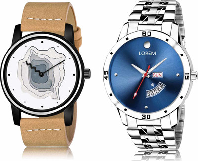 LOREM LR68-LR105 Set Of 2 Casual Round Synthetic Leather & Metal Analog Watch  - For Men