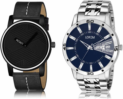 LOREM LR67-LR102 Set Of 2 Casual Round Synthetic Leather & Metal Analog Watch  - For Men