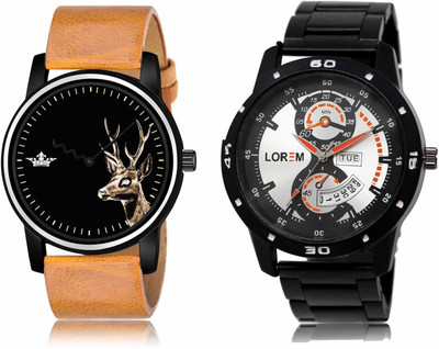 LOREM LR69-LR107 Set Of 2 Casual Round Synthetic Leather & Metal Analog Watch  - For Men