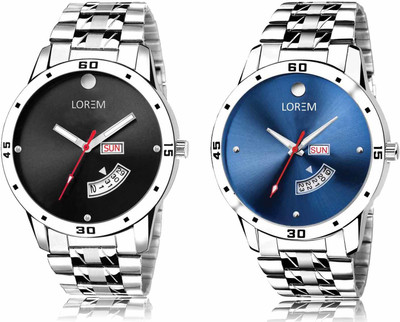 LOREM LR104-LR105 Set Of 2 Casual Round Metal Analog Watch  - For Men