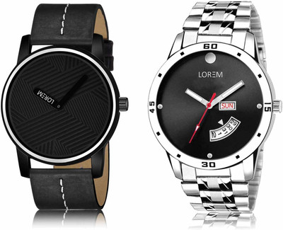 LOREM LR67-LR104 Set Of 2 Casual Round Synthetic Leather & Metal Analog Watch  - For Men