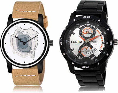 LOREM LR68-LR107 Set Of 2 Casual Round Synthetic Leather & Metal Analog Watch  - For Men