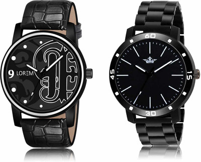 LOREM LR70-LR112 Set Of 2 Casual Round Synthetic Leather & Metal Analog Watch  - For Men