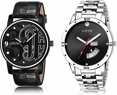 LOREM LR70-LR104 Set Of 2 Casual Round Synthetic Leather & Metal Analog Watch  - For Men