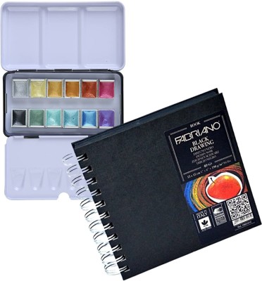 BRuSTRO Metallic Watercolour Half Pan Set of 12 with Fabriano Black Drawing Book 15X15cm