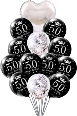 Party Decorz Printed 50 Happy Birthday Crown Printed Black And Silver Balloon(Black, Silver, Pack of 13)