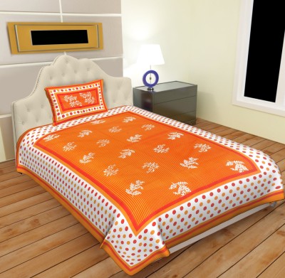 Indram 144 TC Cotton Single Printed Flat Bedsheet(Pack of 1, Orange, White)