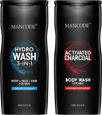 MANCODE Hydro 3in1 Body Wash and Charcoal Body Wash For Men, 450ml each, PACK OF 2(2 x 450 ml)