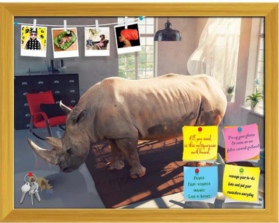 Artzfolio Photo Combinated Concept of Rhinoceros In The Room Notice Pin Soft Board Cork Bulletin Board(Golden Frame 20.6 x 16 inch (52 x 41 cms))