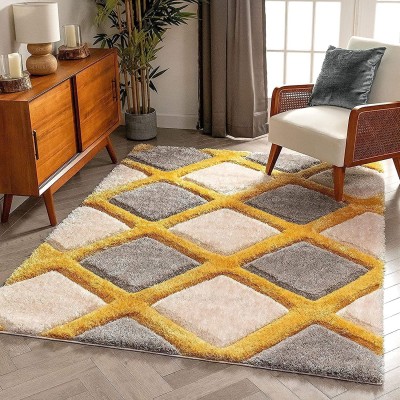 SR Handloom Grey, Yellow, Beige Polyester Carpet(2 ft,  X 6 ft, Rectangle)