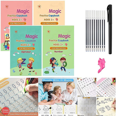 4 PCS Magic Practice Copybook For Kids, English Reusable Magical Copybook Kids, Tracing Book, Magic Calligraphy Copybook Set Practical Reusable Writing Tool Simple Hand Lettering(Paperback, Generic)