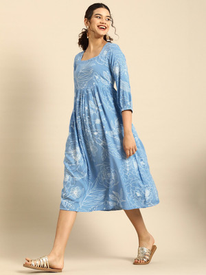ANOUK Women Fit and Flare Blue Midi/Calf Length Dress
