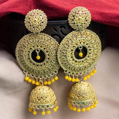 Kwickk Bollywood style Ethnic Fancy Yellow color Oxidized Long Jhumka earrings women Alloy Jhumki Earring, Drops & Danglers, Chandbali Earring