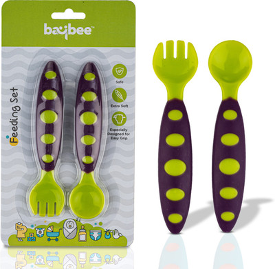 baybee Ultra Soft Baby Spoon Set for Baby Feeding, Baby Feeding Spoon & Fork Set  - BPA free silicone(Green)