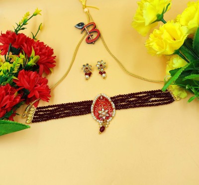 banshidhar jewellers Brass Rhodium Maroon Jewellery Set(Pack of 1)