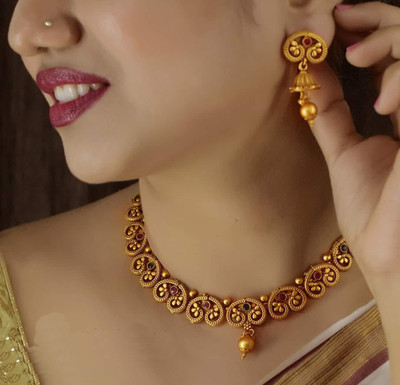 Aadesh Creation Brass Gold-plated Maroon Jewellery Set(Pack of 1)