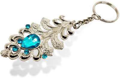 BIGWHEEL Premium Silver Omg Krishna Peacock Feather with Blue Stone Metal Key Chain