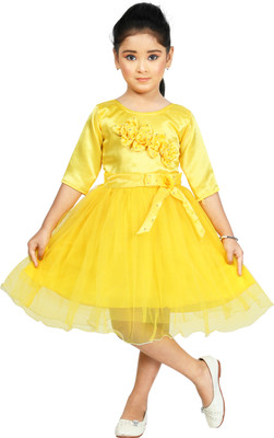 Kgn Garments Girls Midi/Knee Length Festive/Wedding Dress(Yellow, 3/4 Sleeve)