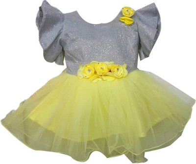 MS BROTHERS Baby Girls Midi/Knee Length Party Dress(Yellow, Short Sleeve)