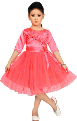 ZARTAJ Girls Midi/Knee Length Festive/Wedding Dress(Pink, 3/4 Sleeve)